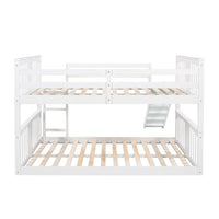 Bunk Bed with Slide, Full over Full Wood Floor Bed Frame with Ladder and Guardrail, Low Bunk Beds for Kids Teens, No Box Spring Required, White
