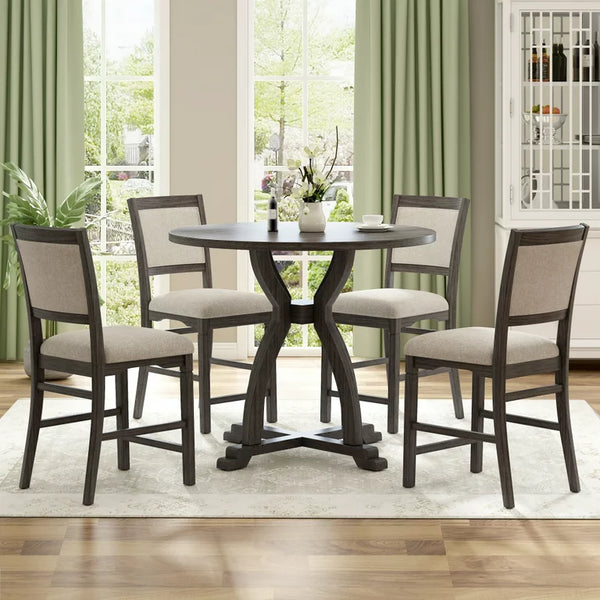 5 Piece Round Dining Table Set with Trestle Legs and 4 Upholstered, Dining Chairs for Small Place, Farmhouse Style, Kitchen Table Set for 4 Persons, Family Kitchen Furniture, Gray