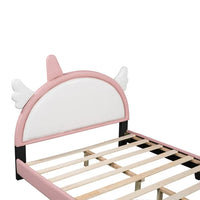 Full Size PU Leather Upholstered Princess Bed, Platform Bed Frame with Unicorn Shape Headboard and Footboard for Kids, Low Full Bed Frame for Girls, Teens, Adult