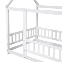 Twin Floor Bed for Kids, Wooden House Bed Frame with Roof, Fence Guardrails, Montessori Bed for Toddlers Girls Boys, White