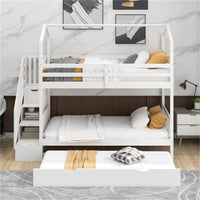 Twin over Twin Bunk Bed Frame with Pull Out Bed and Storage Stairs, White