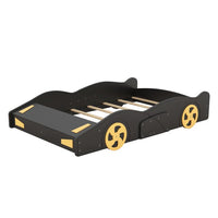 Full Size Race Car-Shaped Platform Bed for Kids, Solid Wood Platform Bed Frame with Wheels and Storage, Sturdy Car Bed with Full-Length Guardrails for Kids Boys and Girls, Space Saving Design, Black