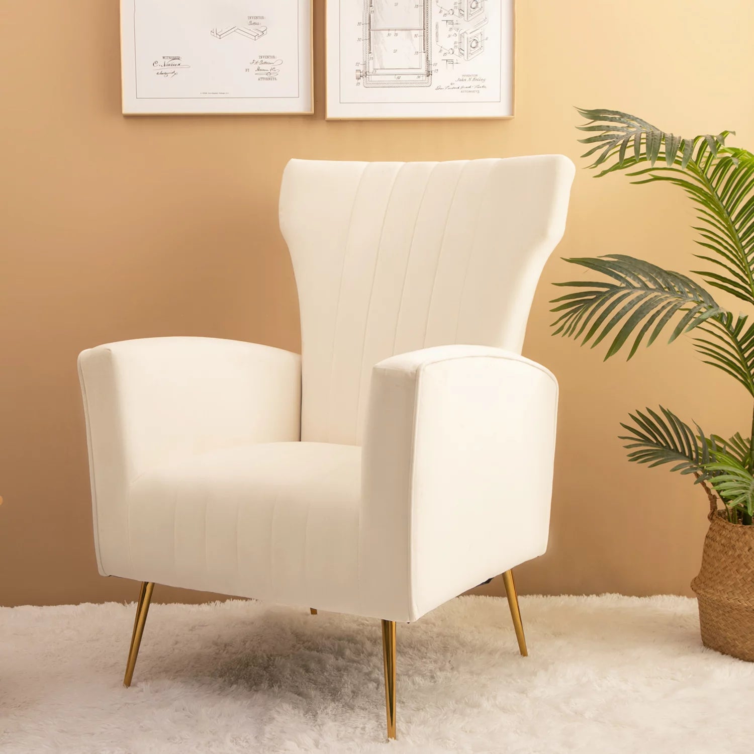 Modern Velvet Accent Chair, Wingback Arm Chair with Gold Metal Legs, Upholstered Single Sofa Chair with Tufted Back, Leisure Armchair Lounge Chair Reading Chair for Living Room Bedroom, White