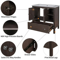 30" Bathroom Vanity Without Sink, Bathroom Vanity Cabinet Base Only, Freestanding Bath Vanity with Soft Close Doors and Drawer, Solid Wood Frame Bathroom Cabinet with Adjustable Shelf, Brown