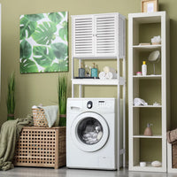 Bathroom Over The Toilet Storage Cabinet, Bamboo Over Toilet Organizer with 2 Doors, Inside Adjustable Shelf and Open Shelf, Freestanding Storage Rack for Laundry, Hotel, Restroom, White