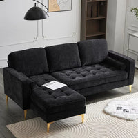 Modular Sectional Sofa with Chaise Lounge, 85" L-Shape Sectional Couch with 2 Pillows and Golden Tripod Legs, Chenille 3-Seater Sofa for Living Room, Apartment, Black