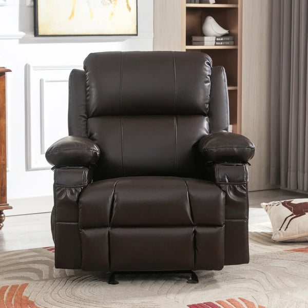 Manual Recliner Chair with Massage and Heating for Adults,Oversized Rocking Chair with 2 Cup Holders and USB Charge Port,Brown