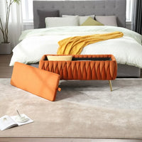 Storage Ottoman Bench for Bedroom End of Bed, Upholstered Fabric Storage Ottoman with Safety Hinge, Modern Woven Storage Bench Entryway Padded Footstool for Living Room and Bedroom, Orange