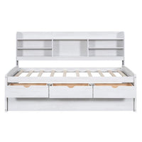 Twin Bed Frames, Bed Frame with Trundle and Built-in Bookshelves, Wooden Captain Bed Twin Size Bed Frames, Storage Bed with Three Storage Drawers for Adults Boys and Girls, White Wash