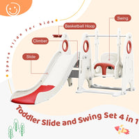 4 in 1 Toddler Slide and Swing Set, Kids Playground Climber Slide Playset with Basketball Hoop and Adjustable Stable Swing, Outdoor Indoor Freestanding Combination for Boys and Girls ,Red