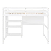 Full Size Loft Bed with Desk,Writing Board and 3-Tier Shelves,Wooden Loft Bed Frame with Safety Guardrails and Side Ladder,for Kids Teens Adults,No Box Spring Needed,White