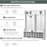 60" Wide Coat Rack with Black Metal Hooks,Hall Tree with Entryway Bench and 24 Shoe Cubbies,Hallway Storage Cabinet for Hallway Living Room Bedroom