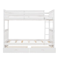 Solid Wood Twin Bunk Beds with Ladders and Two Storage Drawers, Twin over Twin Bunk Bed with Safety Guardrails for Kids, Teens, Adults, Wood Slats Support, Can be Separate into 2 Single Beds, White
