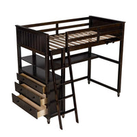 Twin size Loft Bed with Desk and Storage Cabinet, Wooden Loft Bed with Shelves and Drawers for Kids Teens Adults, No Box Spring Needed, Espresso 80.7"L x 56.2"W x 69.4"H