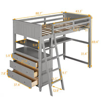 Twin size Loft Bed with Desk and Storage Cabinet, Wooden Loft Bed with Shelves and Drawers for Kids Teens Adults, No Box Spring Needed, Gray 80.7"L x 56.2"W x 69.4"H
