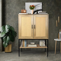 31.5 inch Wide Free Standing Storage Cabinet with 2 Rattan Doors,Sideboard Buffet Cabinet with Open Bottom Shelf,Accent Cabinet for Kitchen Dinning Room Living Room,Natural Color