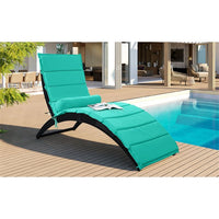 Patio Wicker Sun Lounger, PE Rattan Foldable Chaise Lounger with Removable Cushion and Bolster Pillow(Blue)
