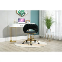 Velvet Office Chair with Hand Woven Backrest,Adjustable Swivel Accent Armchair,Upholstered Tufted Vanity Chair with Gold Base,Ergonomic Study Chair Computer Desk Chair for Living Room Bedroom,Black