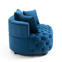 Accent Barrel Chair, Modern Button Tufted Velvet Upholstered Barrel Chair with 3 Pillows, Comfy Single Sofa Chair with Curved Back and Solid Wood Legs, Oversized Leisure Lounge Chair for Bedroom, Blue
