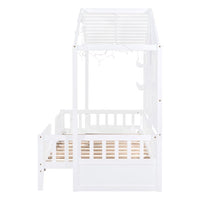Twin Size House Bed with 2 Shelves, Wooden House Daybed with Window and Sparkling Light Strip on The Roof, Kids Montessori Bed Platform Bed Frame with Slats Support, No Spring Box Needed, White