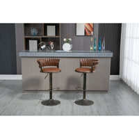 Swivel Bar Stools Set of 2, Adjustable Counter Height PU Leather Bar Stool with Woven Back, Upholstered Kitchen Dining Chairs, Modern Barstools for Kitchen Island, Cafe, Pub, Bar Counter, Brown