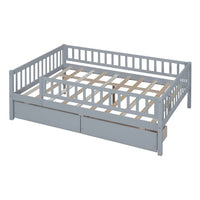 Low Wood Bed with Fence Guardrails for Kids, Full Size Platform Bed Frame Montessori Bed with 2 Storage Drawers & Slats System for Boys Girls Bedroom, No Box Spring Required, (Gray, Full Size)