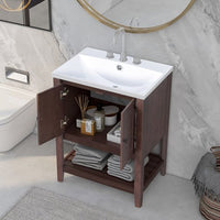 24" Bathroom Vanity,Wood Cabinet Basin Vessel and Sink Set,Ceramic Sink with Pre-Drilled Fauce Holes,Freestanding Storage Cabinet with Doors and Open Shelf,4" faucet will fit this product(not include)
