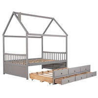 Full Size House Bed with Trundle and 3 Storage Drawers, Captain's Beds with Roof, Wooden Storage Daybed Frame for Kids Teens Boys Girls, Gray