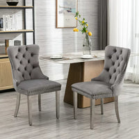Tufted Velvet Dining Chairs Set of 2, Upholstered Fabric Dining Room Chairs with Nailhead Trim, Stylish Kitchen Chairs Stainless Steel Legs Chairs for Bedroom with Ring Pull, (2 pcs Chairs, Gray)