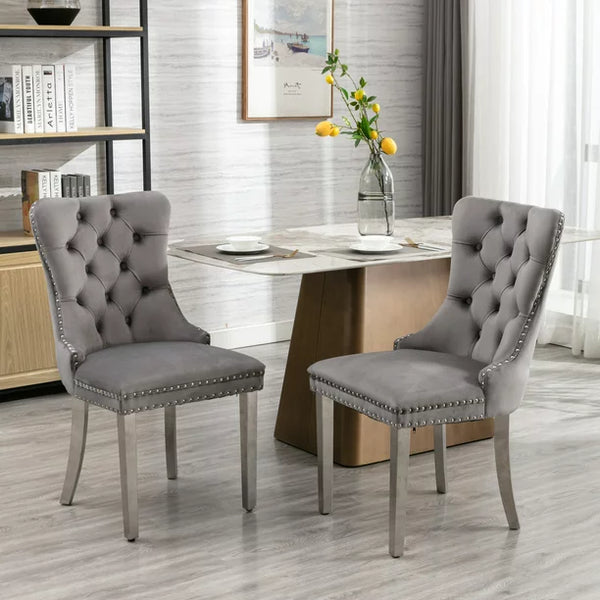 Tufted Velvet Dining Chairs Set of 2, Upholstered Fabric Dining Room Chairs with Nailhead Trim, Stylish Kitchen Chairs Stainless Steel Legs Chairs for Bedroom with Ring Pull, (2 pcs Chairs, Gray)