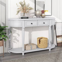 Console Table Sofa Table, Retro Circular Curved Design Console Table, Buffet Sideboard Storage Cabinet with Open Style Shelf Solid Wooden Frame and Legs, 2 Top Drawers, Gray Wash