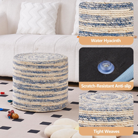 TRIPLE TREE Handcrafted Round Pouf Ottoman with Organic Texture,Natural Seagrass Pouf Footrest with 4 Anti Slip Rubber Pads,Accent Cushioned Seat with Solid Wood Frame,for Balcony,Vanity Room,Blue