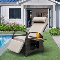 PE Wicker Chaise Lounge Chair with Flip-Up Side Table and Footrest, Adjustable Patio Reclining Chair with Removable Soft Cushion, for Garden Backyard Poolside,Khaki