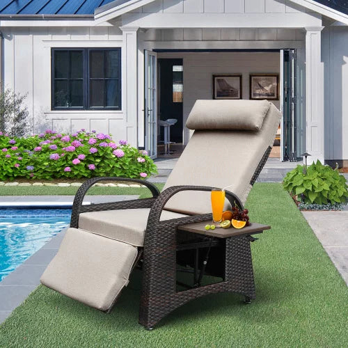 PE Wicker Chaise Lounge Chair with Flip-Up Side Table and Footrest, Adjustable Patio Reclining Chair with Removable Soft Cushion, for Garden Backyard Poolside,Khaki