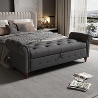 63" Tufted Bed Bench with Storage,Upholstered Storage Ottoman with Rolled Arm and Solid Wood Legs,End of Bed Bench for Living Room,Bedroom, Entryway