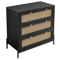 Modern 3 Drawer Dresser, Rattan Chest of Drawers with Spacious Storage Rattan Dresser, Closet Storage Bedside Table Dresser for Bedroom Living Room Entryway, Hallway, Black