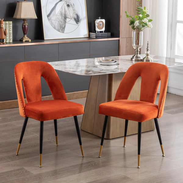 Velvet Dining Chair Set of 2, Contemporary Velvet Leisure Chair with Nailheads and Gold Tipped Black Metal Legs, Nailheads Dining Chair,Contemporary Side Chairs, for Dining Room Living Room, Orange