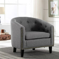 Linen Fabric Tufted Barrel Chair Tub Chair for Living Room Bedroom, Club Chairs with Rubber Wood Legs, 24''D x 28.3''W x 27.5''H, Grey