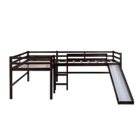 L-Shaped Loft Bed with Slide, Twin Size Low Loft Bed Frame with 2 Built-in Ladders and Full-length Guardrail Multifunctional Loft Bed Perfect for Boys Girls Noise Free, No Box Spring Needed, Espresso