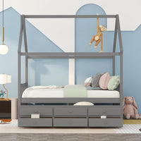 Full Size House Bed with Trundle and 3 Storage Drawers, Captain's Beds with Roof, Wooden Storage Daybed Frame for Kids Teens Boys Girls, Gray