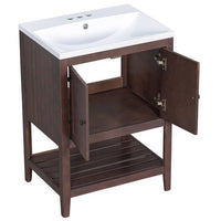 24" Bathroom Vanity,Wood Cabinet Basin Vessel and Sink Set,Ceramic Sink with Pre-Drilled Fauce Holes,Freestanding Storage Cabinet with Doors and Open Shelf,4" faucet will fit this product(not include)