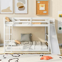 Full over Full Bunk Bed, Wood Bunk Bed with Ladder and Slide for Kids Teens Boys Girls, Space Saving Multifunctional Storage Bed Frame with 3-Story Shelves for Bedroom, No Box Spring Needed, White