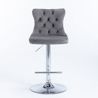 Swivel Bar Stools Set of 2, Adjustable Counter Height Barstools with Wing Back, Nailheads Trim and Sliver Footrest, Velvet Button Tufted Upholstered Bar Chairs for Dining Room Kitchen Island, Gray