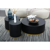 Round Coffee Table Set of 3, Circle Leisure Side Table End Table with High-end Walnut + Oak Welt Technology, Bedside Table Footstool for Living Room, Fully Assembled, Black