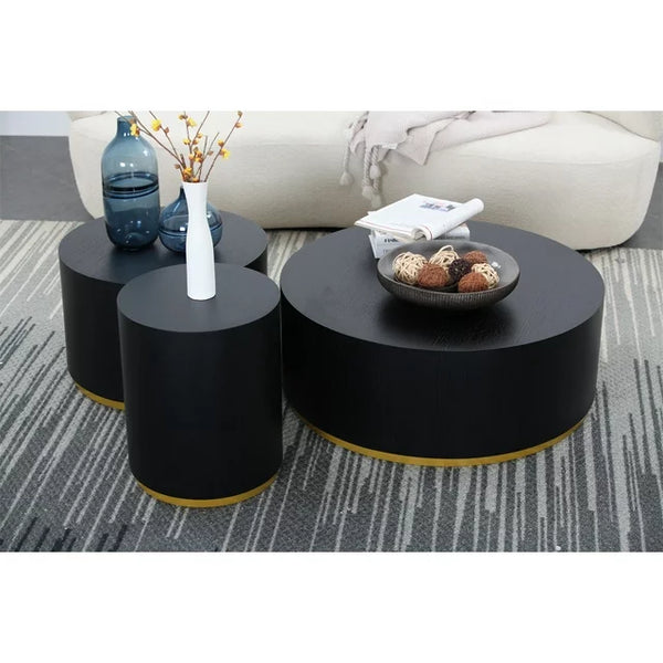 Round Coffee Table Set of 3, Circle Leisure Side Table End Table with High-end Walnut + Oak Welt Technology, Bedside Table Footstool for Living Room, Fully Assembled, Black