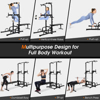 Power Tower Dip Station with Bench,Height Adjustable Pull Up Bar Stand with Folding Weight Bench,Heavy Duty Multi-Function Fitness Training Equipment for Home Office Gym