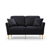 2 Seat Sofa, Upholstered Round Arm Loveseat with 2 Throw Pillows & Gold Metal Legs, Velvet Sofa Couch Futon Sofa Accent Arm Sofa with Reversible Back for Living Room, 2 Seat Sofa Furniture, Black
