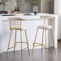 Bar Stools Set of 2, Woven Back Counter Height Bar Stools, Upholstered Velvet counter stools with Soft Back&Footrest, Modern Pub Stool Bar Chairs Armless Kitchen Bar Stools with Metal Legs, Beige