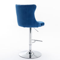 Swivel Bar Stools Set of 2 with Adjustable Seat Height, Contemporary Velvet Counter Stool with Metal Legs and Chrome Nailhead Trim Backrest, Dining Chair for Home and Pub, Blue & Sliver