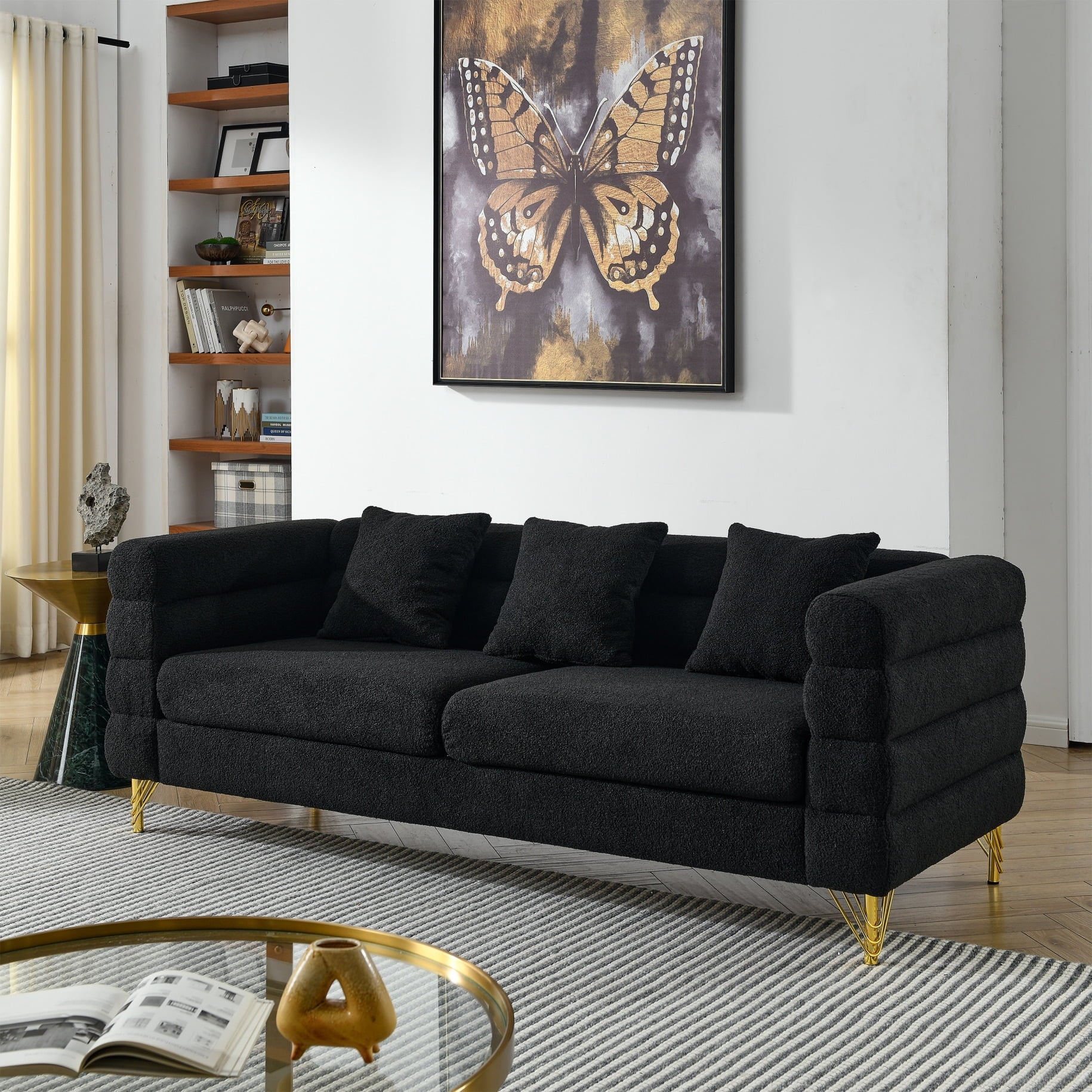 81 Inch Oversized 3-Seater Sectional Sofa, Modern Upholstered Deep Seating Sofa with 3 Throw Pillows and Golden Metal Legs, Comfort Fabric Sectional Sofa for Living Room Bedroom, Black